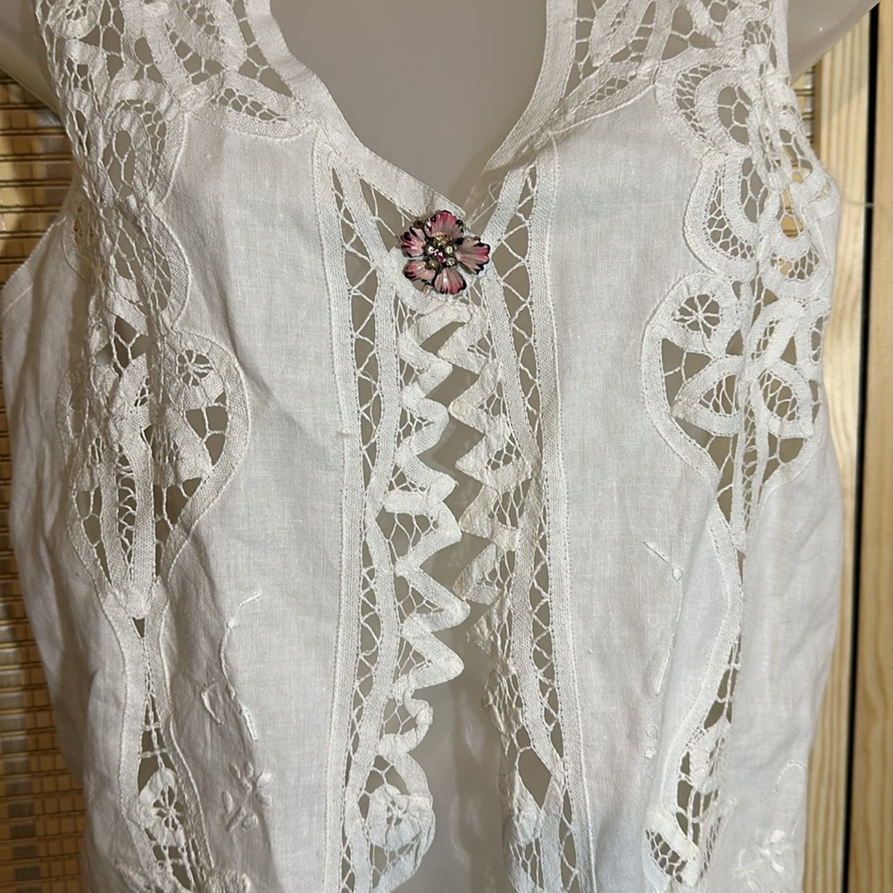 Wimpole Street Vintage 1990s Y2K Crisp White Linen Cotton Lace Vest Large? - Picture 7 of 15